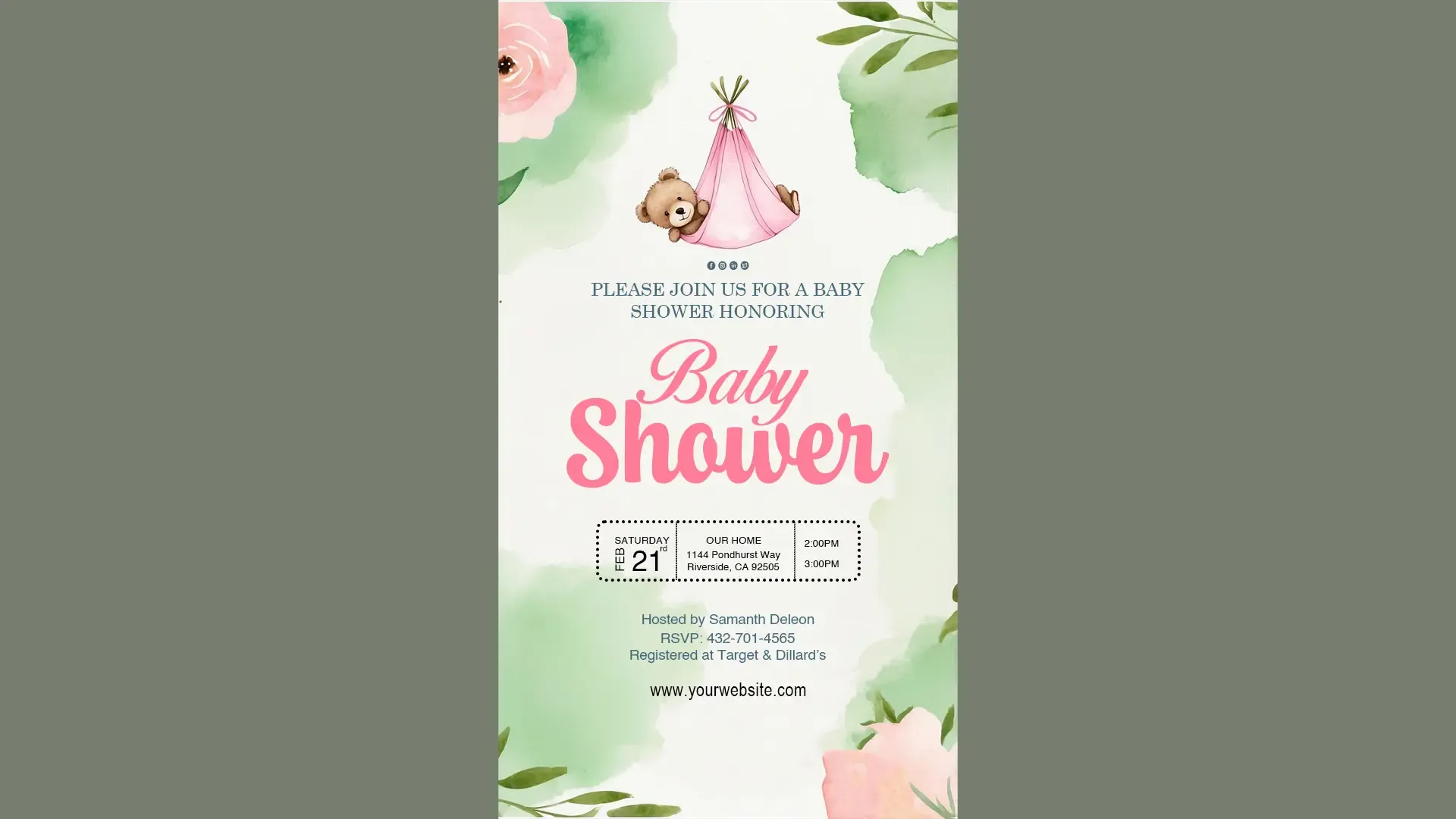 Baby Shower Invitation Card IG Story with Teddy Bear and Floral Design